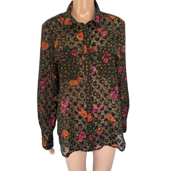LOFT Sheer Floral Button Down Blouse M Whimsigoth Boho Cottagecore Dark Romantic - Picture 1 of 10